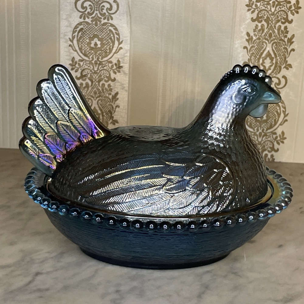 Vtg‎ Indiana Glass Carnival Hen on Nest Cover Dish Blue Iridescent Beaded 7"